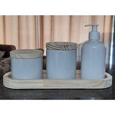 Imagem de Kit higiene bebê 4 peças - Bandeja, potes e porta álcool - Peças porcelana bandeja e tampas pinus