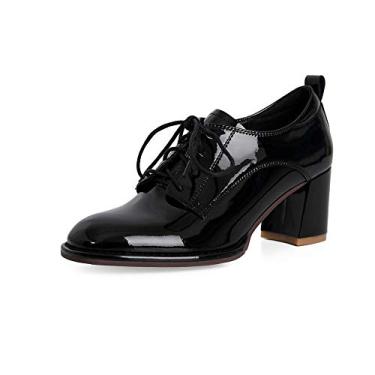 Imagem de TinaCus Sapato Oxford casual feminino de couro envernizado feito à mão com bico redondo selftie salto médio grosso, Preto, 5.5