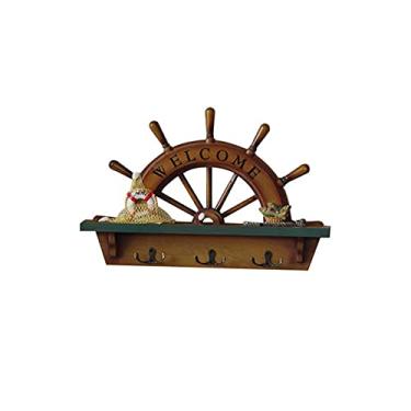 Imagem de Cabide montado na parede ganchos de parede estilo mediterrâneo gancho de madeira leme náutico acessórios de decoração de casa decoração de móveis barra pendurar ornamento cabide cabide chapéu rack com ganchos (cor