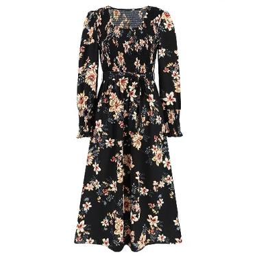 Imagem de UIFLQXX Vestidos de coquetel para mulheres novo vestido floral vintage manga longa gola redonda vestido de comprimento médio vestido com babados, Preto, P