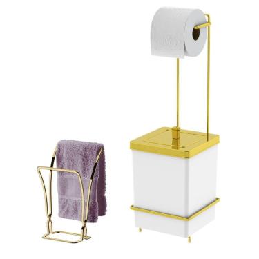 Imagem de Kit Toalheiro Duplo De Bancada Suporte Papel Higiênico Com Lixeira 6,5L Branco Dourado - Future