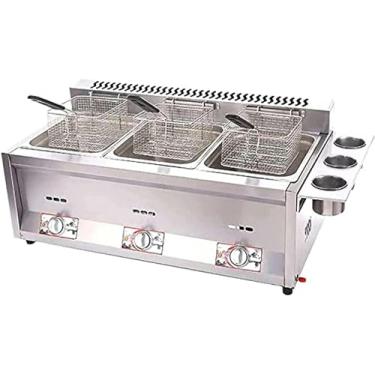 Imagem de Fritadeira de gordura profunda, fritadeira comercial de bancada a gás, fritadeira de chips de gordura de aço inoxidável de grande capacidade 24L com 3 cestas fritas, controle de temperatura
