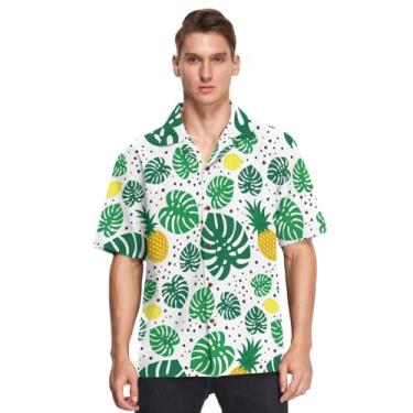 Imagem de Camisa masculina havaiana manga curta abotoada tropical verão abacaxi limão verde folhas de palmeira camisas estilosas, Tropical Summer Abacaxis, Limões e Palmeira Verde, GG