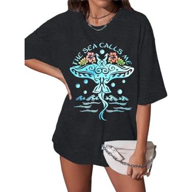 Imagem de Camiseta feminina The Sea Calls Me do Magic Kingdom, cruzeiro, verão, praia, férias, manga curta, Cinza escuro, G