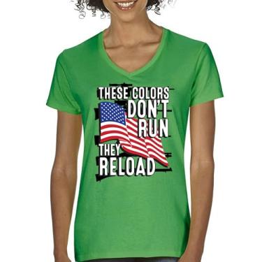 Imagem de Camiseta feminina gola V These Colors Don't Run They Reload 2nd Amendment 2A Don't Tread on Me Second Right Camiseta com bandeira americana, Verde, XXG