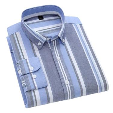 Imagem de Camisas masculinas listradas de algodão manga comprida não passar a ferro camisa casual negócios escritório colarinho botão lazer outono, H-h-2222, P