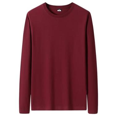 Imagem de Camisetas masculinas de manga comprida, modelagem regular, cor sólida, gola redonda, camiseta polo respirável que absorve a umidade, Vinho tinto, 5G
