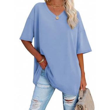 Imagem de ATHMILE Camisetas femininas grandes com gola em V, meia manga, confortável, túnica 2024 Y2K tops casuais, Azul gelo, XXG