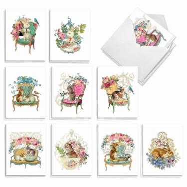 Imagem de The Best Card Company - 20 cartões de notas em branco com envelopes (10 x 13 cm) - sortido de cartões de animais para todas as ocasiões (10 desenhos, 2 cada) - flores vitorianas e coelhos AM3513OCB-B2x10