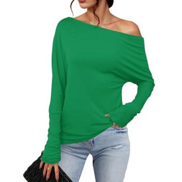 Imagem de Meetrendi Camiseta feminina assimétrica de manga comprida moderna sexy com ombro de fora 2024 camiseta túnica casual solta lisa, Verde brilhante, GG