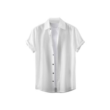 Imagem de Floerns Camisa social masculina de manga curta abotoada para verão e praia, Branco, M