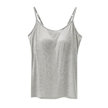 Imagem de Camiseta feminina com sutiã embutido básico de algodão sólido e alças finas ajustáveis com sutiã de prateleira, Cinza, M