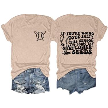 Imagem de Camiseta feminina com estampa de beisebol folgada, manga curta, gola redonda, camiseta de treino de verão, Bege -, M