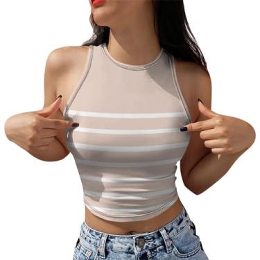 Imagem de PKDong Regata cropped feminina sexy sem mangas, listrada, patchwork, gola única, colete de treino, camisetas femininas, Bege, P