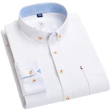 Imagem de Camisa masculina de algodão xadrez listrada de linho com bolso único confortável para respiração e manga comprida com botões, 5-1, P