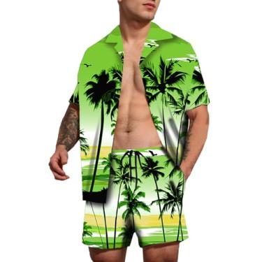 Imagem de Cromoncent Conjunto masculino havaiano de 2 peças, camisa de botão e shorts estampados, roupas de férias, A Aloha Green, 4G