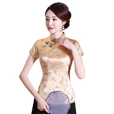 Imagem de Blusa Feminina Vintage Slim Novidade Roupas Cheong-Sam Collor Camisetas Flores Elegante Oriental Palco Show Roupas, A0020 Ouro, M