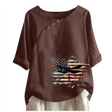 Imagem de Camisetas femininas de linho de algodão manga curta casual gola redonda morcego camiseta grande cor sólida verão blusas soltas, Marrom, XXG