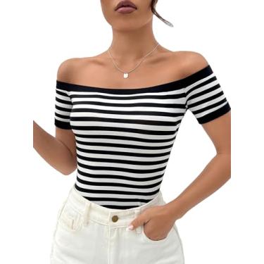Imagem de SHENHE Camiseta feminina listrada ombro de fora manga curta justa casual verão camiseta top, Preto e branco, P