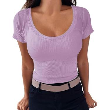 Imagem de Nagub Top feminino de verão com nervuras manga curta gola canoa espartilho slim fit camiseta Y2k roupas para sair 2024, Roxa, M
