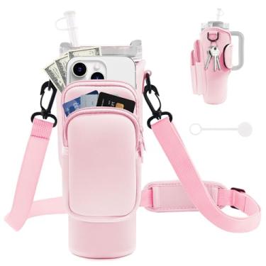 Imagem de JEBEALUO Bolsa de transporte para garrafa de água com bolso para telefone para copo Stanley 100 ml, suporte de garrafa de água com alça ajustável e capa de palha, acessórios para copos Stanley (rosa)