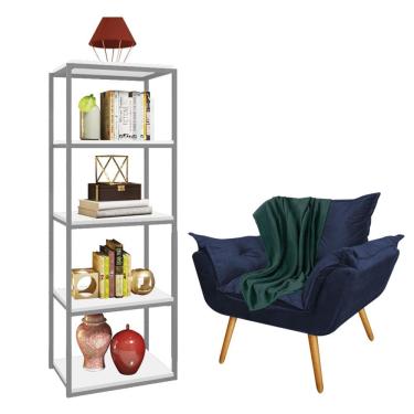 Imagem de Kit Poltrona Fatte com Manta Soft Verde e Estante Livreiro Ferro Cinza MDF Branco Suede Azul Marinho - Ahz Móveis