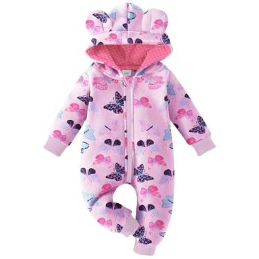 Imagem de Macacão infantil para meninas, Halloween, borboleta, urso, outono, inverno, macio, macio, estampado, capuz, macacão com zíper, Rosa, 12-18 Months