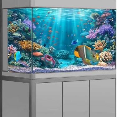 Imagem de Dizifinn Fundo de aquário subaquático, recifes de corais, peixes tropicais submarinos e recifes de corais, fundo de aquário de poliéster com 6 fitas dupla face EVA 91 x 45 cm