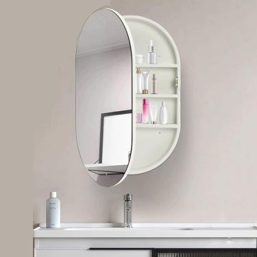 Imagem de armário de banheiro, armário de remédios oval com espelho, armário de remédios de banheiro com armazenamento, armário de remédios moderno, espelho de maquiagem para parede, armário de armaze