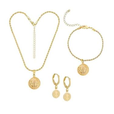Imagem de Conjunto de Jóias Folheado a Ouro 18K com Pingente São Bento - Abella 