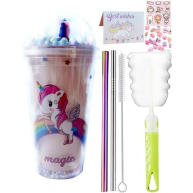 Imagem de seelucky Copo de viagem de unicórnio com canudo brilhante copo de gelo freezer caneca copo de plástico piquenique festa presente de aniversário (unicórnio mágico 1, 450 ml)