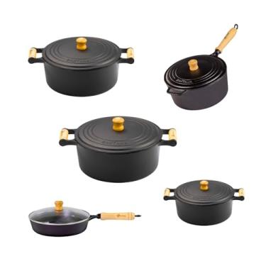 Imagem de Jogo de Cozinha 5 Pçs Ferro Fundido Panela Frigideira Antiaderente Comida Saudável