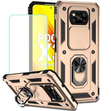 Imagem de Vokuha Capa para Poco X3 NFC/Poco X3 Pro/Poco X3, Capa M2007J20CG com protetor de tela de vidro temperado e capa de câmera deslizante, capa magnética com suporte de anel giratório de 360° para Xiaomi