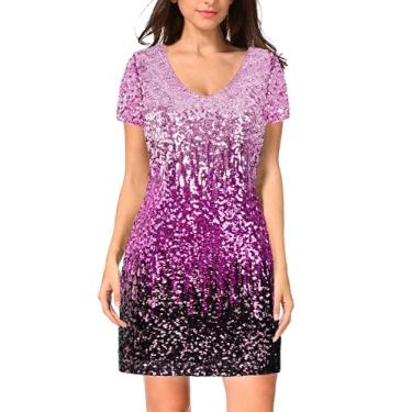 Imagem de MANER Vestido feminino de lantejoulas com glitter, manga curta, decote em V, mini vestido colado ao corpo, Pervinca/Fúcsia festiva/roxo escuro, GG