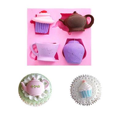 Imagem de Conjunto de 2 xícaras de bule em forma de cupcake para chá da tarde molde de silicone açúcar chocolate doce fondant bolo topos de cupcake ferramenta de decoração argila polímero molde de resina epóxi