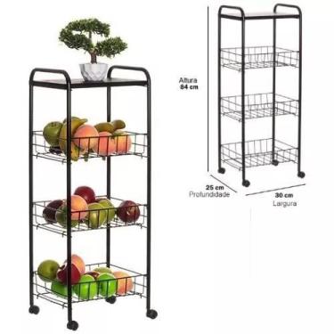 Imagem de Fruteira De Chão Tripla Metal Com Rodas E Tampo Em Madeira - Metaltru