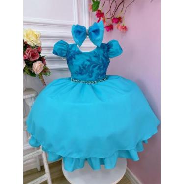 Imagem de Vestido Infantil Verde Tiffany C/ Renda Laço e Cinto Pérolas Super lux