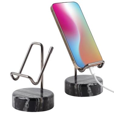 Imagem de TransMarble Suporte de telefone de mármore com suporte de metal, carregamento disponível durante o uso, deslize para cima para desbloquear, feito de mármore natural como tablet, suporte de cartão de
