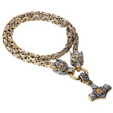 Imagem de OIDEA Colar viking de martelo de Thor para homens: pingente vintage viking de elmo de admiração Mjolnir com cabeça de lobo, corrente bizantina, joia de amuleto presente para homens e mulheres, 24 inch