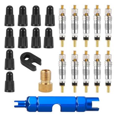 Imagem de XIHIRCD Kit de reparo de núcleo de válvula, 10 peças de núcleos de válvula e 10 peças de tampas de válvula com chave de latão desmontador fácil de substituir kit de substituição de núcleo de válvula