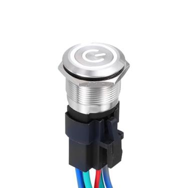 Imagem de DMiotech Interruptor de botão de travamento de aço inoxidável de 7/8 polegadas, cabeça chata, 15A, 12-24 V, concha prateada de 6 pinos com soquete de cabo, interruptor branco LED 1NO1NC para sistemas