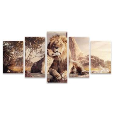 Imagem de Quadro Mosaico Decorativo Leão Pai Filhote Felino Savana Entardecer - 