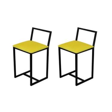 Imagem de Jogo 2 Banqueta Baixa Para Cozinha Preta Industrial Estofado Amarelo -