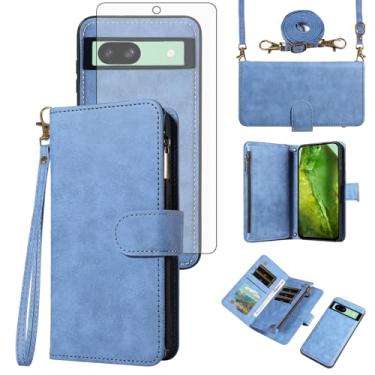 Imagem de Asuwish Capa de celular para Google Pixel 8A 5G carteira com zíper destacável com protetor de tela de vidro temperado alça transversal alça flip porta-cartões Pixel8A A8 mulheres homens meninas azul