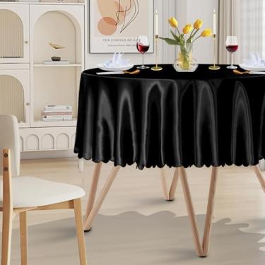 Imagem de Cobedzy 1 pacote com 152 cm toalha de mesa redonda de cetim preto, toalha de mesa de jantar de seda sobreposta para casamento, festa, banquete, eventos, recepção, jantar