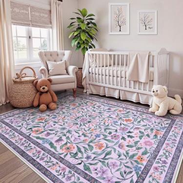 Imagem de Collive Tapete roxo 12 x 18 cm, floral lavável à máquina para quarto de meninas, boho antiderrapante, macio, ultrafino, tapetes internos para sala de estar, berçário, sala de jogos, dormitório, sala