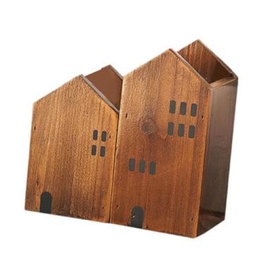 Imagem de IEUDNS Wood House Shape Pen Lápis Punto de armazenamento de armazenamento Caddy Multiplouse Fuiles Cosmetic Brushes Solter, Marrom Escuro