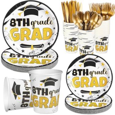 Imagem de Jingmore Conjunto de 25 conjuntos de decorações de festa de formatura da 8ª série, pratos de papel de 19 cm, copo, faca, garfo, colher, conjunto de utensílios de mesa descartáveis para festa de