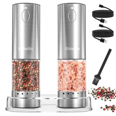 Imagem de KitchenBro Conjunto De Moedor Elétrico De Sal E Pimenta Com 6 Níveis De Grossura Ajustável, Recarregável, Aço Inoxidável, Moedor Automático De Sal E Pimenta, Usb, Recarregável Com Luzes