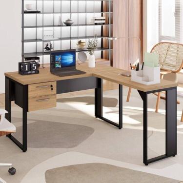 Imagem de Mesa para Escritório Diretor em L com Gaveteiro Suspenso Marrom/Preto